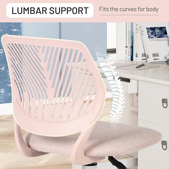 Desk Chair Small Armless, Comfy Home Office Chair with Fabric Seating Cushion and Plastic Low-Back, Adjustable Swivel Study Computer Task Chair for Student Children Kids with Rolling Wheels, Pink - LeafyLoom