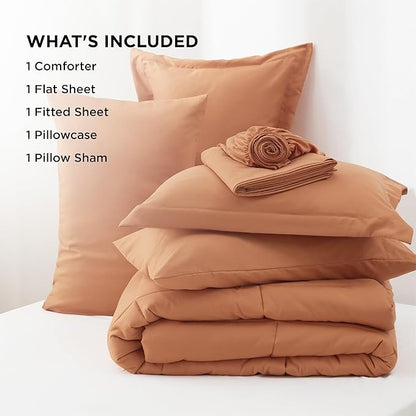 Bedsure Burnt Orange Twin Comforter Set - 5 Pieces Solid Twin Bed in a Bag, Twin Bed Set Burnt Orange with Quilted Warm Fluffy Comforters, Sheets, Pillowcase & Sham - LeafyLoom