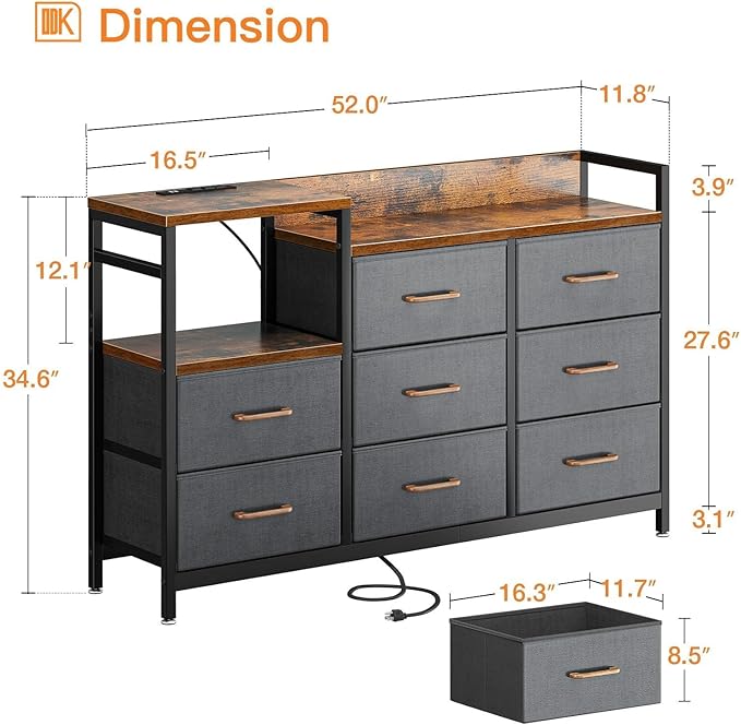 ODK Dresser with Charging Station, 52-Inch Long Dresser TV Stand for Bedroom, Large Dresser with 8 Storage Drawers, Chest of Drawers Easy-Pull Fabric Dressers for Living Room, Vintage and Dark Grey - LeafyLoom