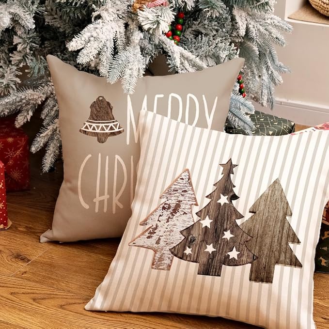 GEEORY Christmas Pillow Covers 20 x 20 Inch Set of 4, Striped Wooden Tree Snow Sleigh Merry Bright Xmas Holiday Decor Decorative Throw Cushion Case Decoration for Home Party Sofa Couch (Brown) GEEORY