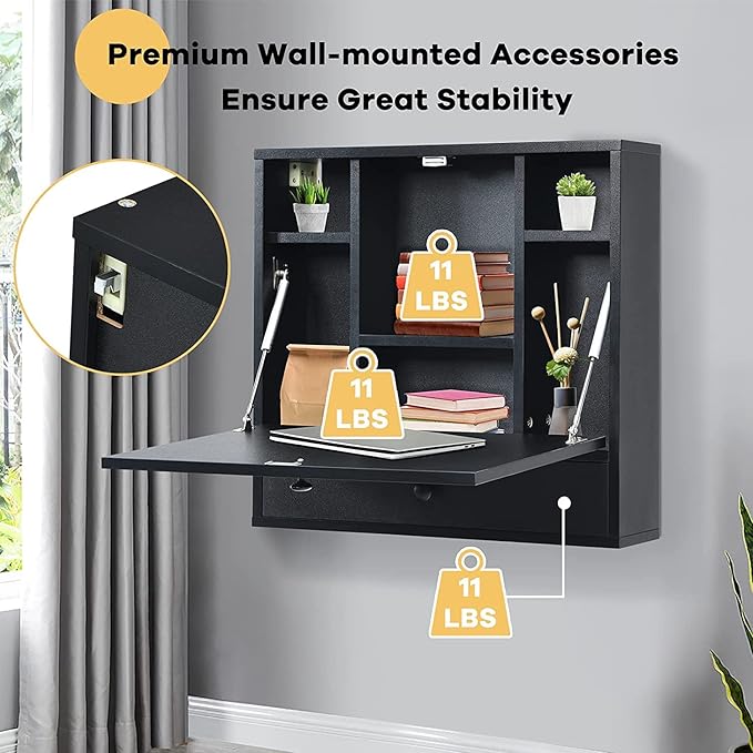 2 in 1 Foldable Tabletop, Folding Wall Mount Laptop Storage Compartments Space Saving Floating Desk, Black - LeafyLoom