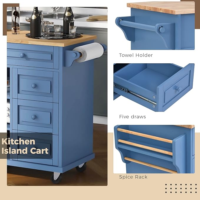 Island with Storage Cabinets, Rolling Mobile Kitchen-cart with Rubber Wood Desktop and 5 Drawers & Open Shelves, Sideboard for Dining Room, Home Bar, Blue, 52.8 Inch - LeafyLoom