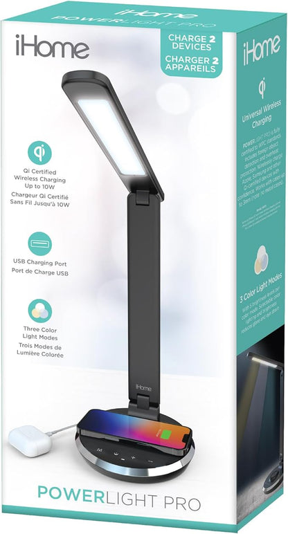 iHome Desk Lamp with Charging Station, Reading Light with Wireless Charging and USB Charging – Black (ILW200B) - LeafyLoom