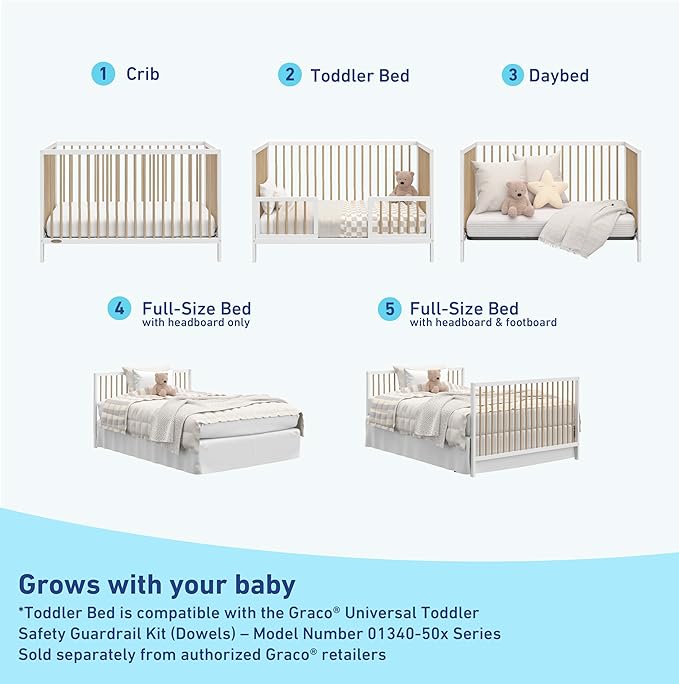 Graco Teddi 5-in-1 Convertible Crib (White with Driftwood) – GREENGUARD Gold Certified, Converts to Daybed, Toddler & Twin Bed with Headboard and Footboard, Adjustable Mattress Height - LeafyLoom