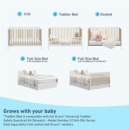 Graco Teddi 5-in-1 Convertible Crib (White with Driftwood) – GREENGUARD Gold Certified, Converts to Daybed, Toddler & Twin Bed with Headboard and Footboard, Adjustable Mattress Height - LeafyLoom