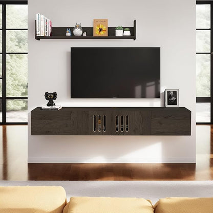 Pmnianhua Floating TV Stand,85'' Wall Mounted TV Cabinet, Mid Century TV Bench Under TV Entertainment Center Shelf TV Console Table with 4 Cabinets for Living Room Bedroom (Dark Grey) - LeafyLoom