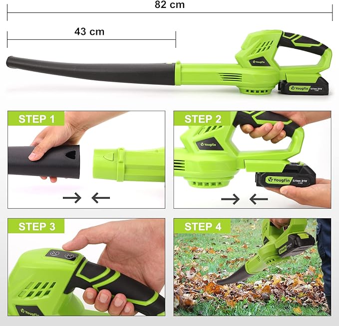 YOUGFIN Cordless Leaf Blower, 21V Powerful Motor, Electric Leaf Blower for Lawn Care, Battery Powered Leaf Blower Lightweight for Snow Blowing (Battery & Charger Included) - LeafyLoom