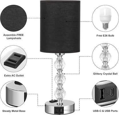 Black Touch Bedside Lamps for Bedrooms - Crystal Table Lamp with USB C+A Charging Port and AC Outlet Nightstand, 3 Way Dimmable Silver Small End Side Table Lamp for Living/Guest/Dinning Room/Kitchen - LeafyLoom