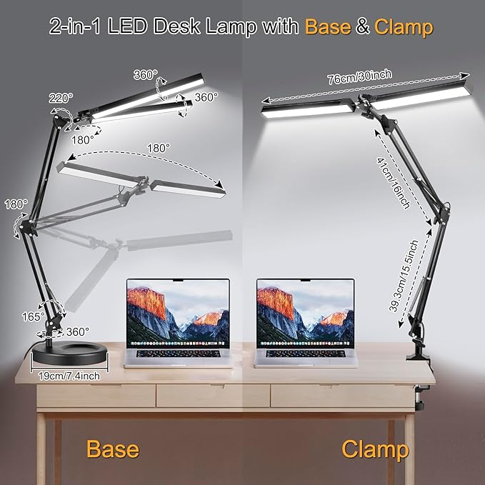 2-in-1 LED Desk Lamp, 24W Brightestwith Table Lamp with Clamp, Desk Light with Flexible Swing Arm,3 Color Modes Stepless Dimmable Double Head Architect Desk Lamps for Home Office Workbench Reading - LeafyLoom