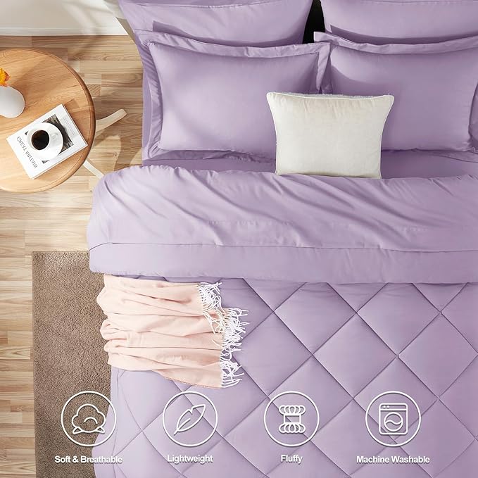 CozyLux King Comforter Set with Sheets 7 Pieces Bed in a Bag Light Purple All Season Lavender Bedding Sets with Comforter, Pillow Shams, Flat Sheet, Fitted Sheet and Pillowcases - LeafyLoom