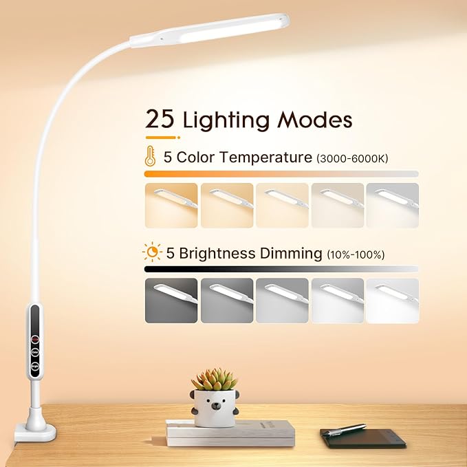 LED Desk Lamp with Clamp, Workbench Light, 10W Eye-Caring Desk Lights, 5 Brightness Levels with Remote Control, Flexible Gooseneck Task Lamp for Office Work Drawing Study Lamp (White) - LeafyLoom