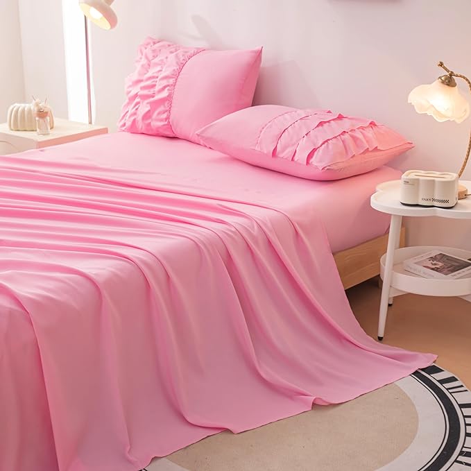 Teen Girls Pink Princess Dress Comforter Set Queen Size, 5 Pcs Bed in a Bag Girls Queen, Girls Pink Ruffled Bedding Set, Teen Bedding Sets for Girls Kids with Sheets - LeafyLoom