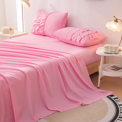 Teen Girls Pink Princess Dress Comforter Set Queen Size, 5 Pcs Bed in a Bag Girls Queen, Girls Pink Ruffled Bedding Set, Teen Bedding Sets for Girls Kids with Sheets - LeafyLoom