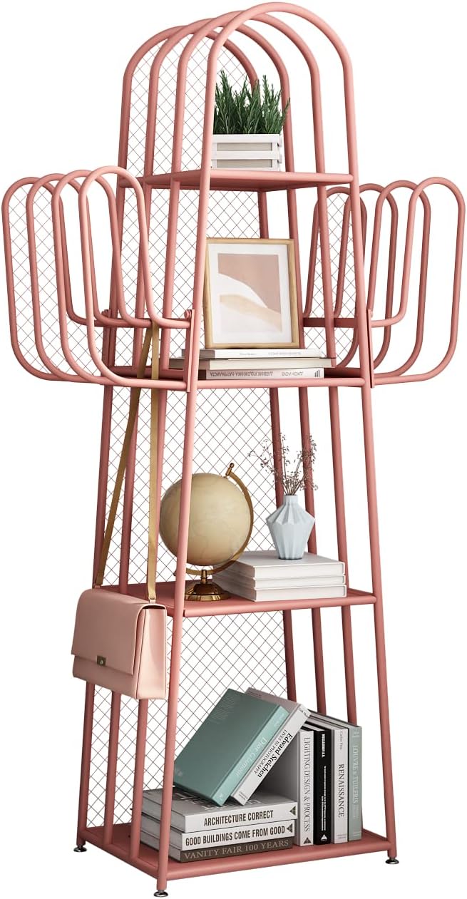 DOORXIF 4-Tier Ladder Pink Bookshelves Freestanding, Cactus Bookcase Storage Organizer Closet Corner Metal Display Cabinet, Corner Pink Bookshelf for Small Spaces, Pink Bookcase for Bedroom Office - LeafyLoom