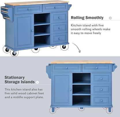 Island with Storage Cabinets, Rolling Mobile Kitchen-cart with Rubber Wood Desktop and 5 Drawers & Open Shelves, Sideboard for Dining Room, Home Bar, Blue, 52.8 Inch - LeafyLoom