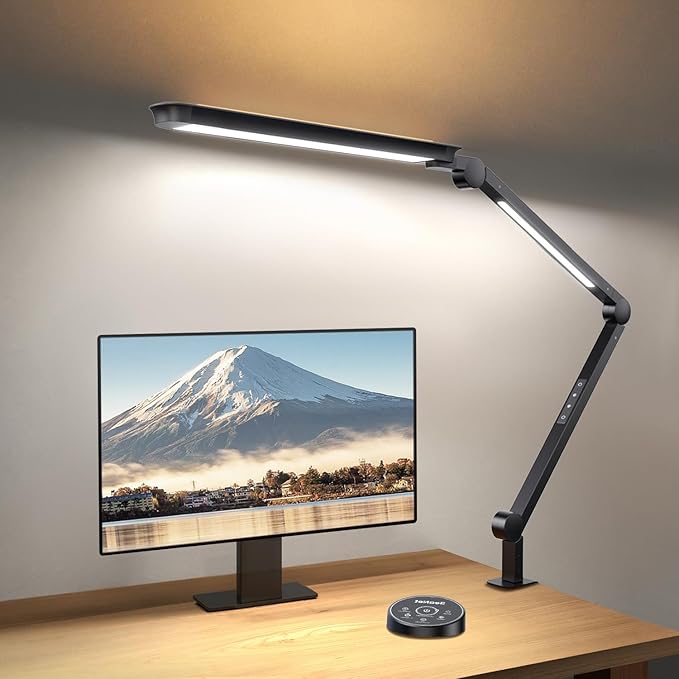 Sky LED Desk Lamp with Remote Control - Three Light Sources・24W・Ajustable Atmosphere Lighting - Flexible Swing Arm, 4 Color Modes & 4 Brightness, Architect Desk Lamp with Clamp for Home Office - LeafyLoom