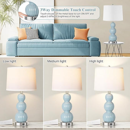 Qimh Table Lamps for Bedroom Set of 2, 26.5" Bedside Lamps for Living Room with USB Ports Touch Control, Modern Blue Ceramic Nightstand Lamp White Shade Home Decor (LED Bulb Included) - LeafyLoom