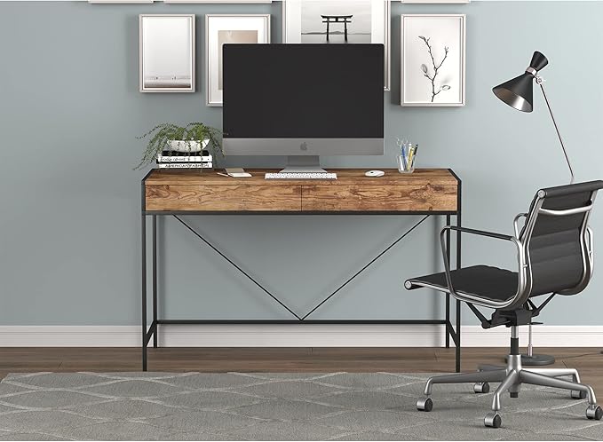 Safdie & Co. Computer Desk 49inch for Home Office and Small Spaces with 2 Drawers Brown Reclaimed Wood with Black Metal. Ideal for Writing, Gaming, Study, Work from Home. - LeafyLoom