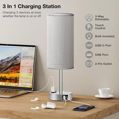 Grey Nightstand Table Lamp for Bedroom - 3 Way Dimmable Bedside Lamp USB C A Charging Ports and AC Outlet, Small Table Lamp Silver Base for Living Room, Office Desk, LED Bulb Included - LeafyLoom