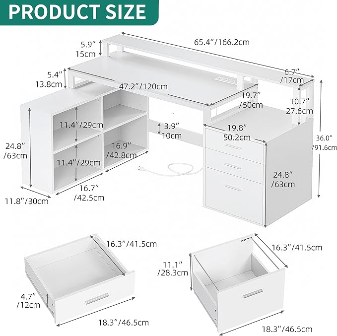 YITAHOME L Shaped Desk with 3 Drawers, 65" Corner Computer Desk with Power Outlets & LED Lights, L-Shaped Desk with File Cabinet & Printer Stand for Home Office, White - LeafyLoom