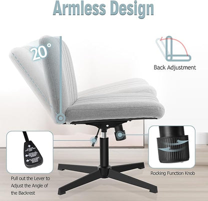 Armless Office Chair no Wheels, Ergonomic Wide Seat Swivel Desk Chair, Height Adjustable Cross Legged Comfortable Computer Chair for Living Room, Vanity Accent Chair LightGray - LeafyLoom