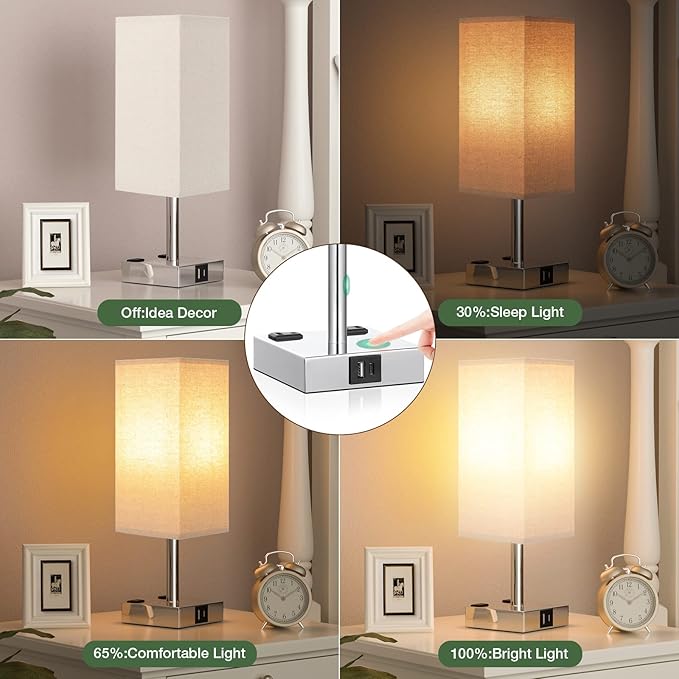 aooshine Beige Set of 2 Touch Lamp with USB Port-Nightstand Lamp with USB-C+A Charge Ports& AC Outlets, 3-Way Dimmable Bedside Lamp with Shade,Small Table Lamp for Bedroom Living Room(Bulb Included) - LeafyLoom