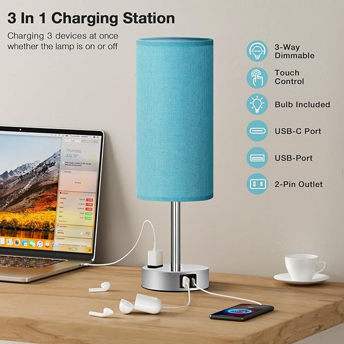 Turquoise Nightstand Table Lamp for Bedroom - 3 Way Dimmable Touch Lamp USB A and C Charging Ports and AC Outlet, Small Lamp for Office Desk with Metal Base, LED Bulb Included - LeafyLoom