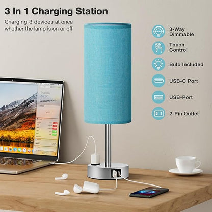 Turquoise Nightstand Table Lamp for Bedroom - 3 Way Dimmable Touch Lamp USB A and C Charging Ports and AC Outlet, Small Lamp for Office Desk with Metal Base, LED Bulb Included - LeafyLoom