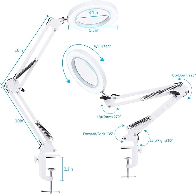 LED Magnifying Lamp with Clamp, 8-Diopter, 10X Real Glass Lens, 3 Color Modes and Stepless Dimmable Magnifier Desk Lamp,Adjustable Swivel Arm Lighted Magnifying Glass for Repair Craft Close Work-White - LeafyLoom