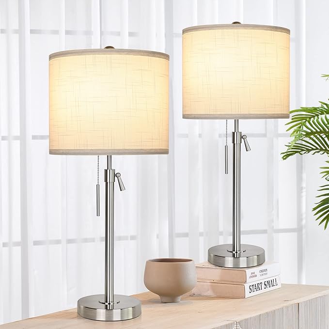 Brushed Nickel Table Lamps Set of 2: 22" to 30" Height Adjustable Nightstand Lamps with White Linen Shade | Pull Chain Switch | Silver Pole Beside Lamp for Living Room Bedroom - LeafyLoom