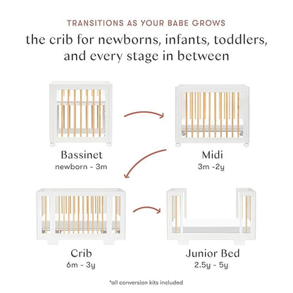 Babyletto Yuzu Convertible All-Stages Bassinet, Midi, Full-Size Crib in White with Natural, Greenguard Gold Certified, Portable & Adjustable with Conversion Kits and Pads Included - LeafyLoom