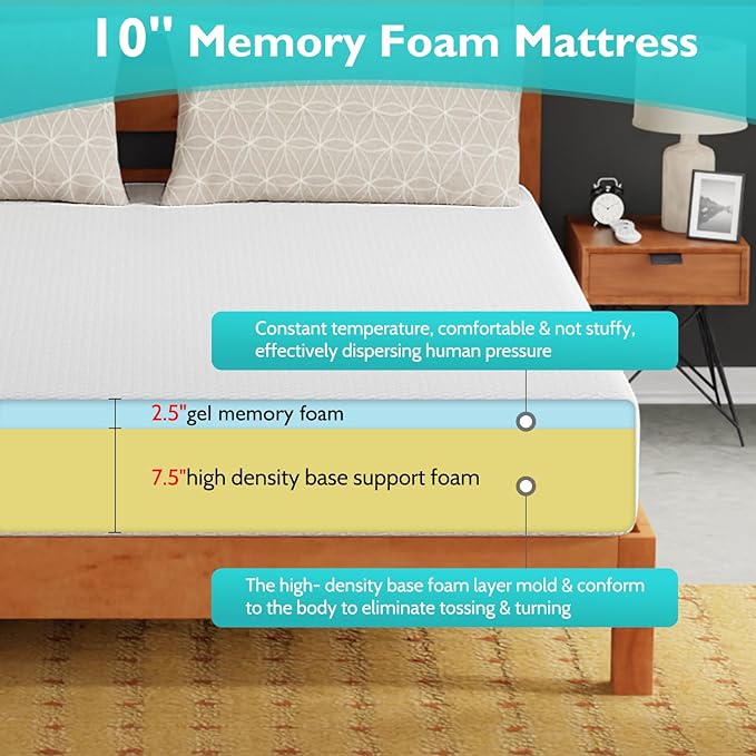 FDW 10 inch California King Mattress Gel Memory Foam Mattress Medium Firm Mattresses for Cool Sleep Relieving Pressure Relief CertiPUR-US Certified Mattress in a Box - LeafyLoom