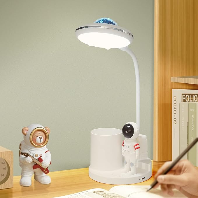 LED Desk Lamp for Kids, Astronaut cute Small Desk Lamp with USB Charging Port, Pen Holder, projection night lights for kids, White desk Lamp, Eye-Caring Study Table Lamp for boys Bedroom - LeafyLoom