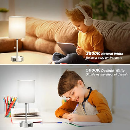 Dicoool White Bedside Lamp for Bedroom - 3 Color Temperatures Desk Lamp with USB C and A Ports, Pull Chain Table Lamp with AC Outlet, Nightstand Lamp with Silver Metal Base for Kids Girls - LeafyLoom