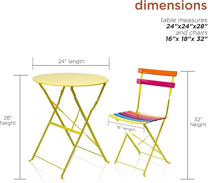 Alpine Corporation MSY114A Rainbow Metal Bistro Set w Two, Table: 24" L x 24" W x 28" H Chair: 16" L 18" W x 32" H - LeafyLoom