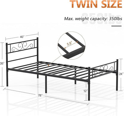 VECELO Twin Size Bed Frame with Headboard, 14 Inch Metal Platform Mattress Foundation, No Boxing Spring Needed, Squeak Resistant, Easy Assembly, Matte Black - LeafyLoom