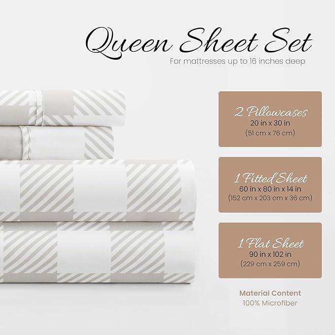 Linen Market 4 Piece Queen Bedding Sheet Set (Light Gray Plaid) - Sleep Better Than Ever with These Ultra-Soft & Cooling Bed Sheets for Your Queen Size Bed - Deep Pocket Fits 16" Mattress - LeafyLoom