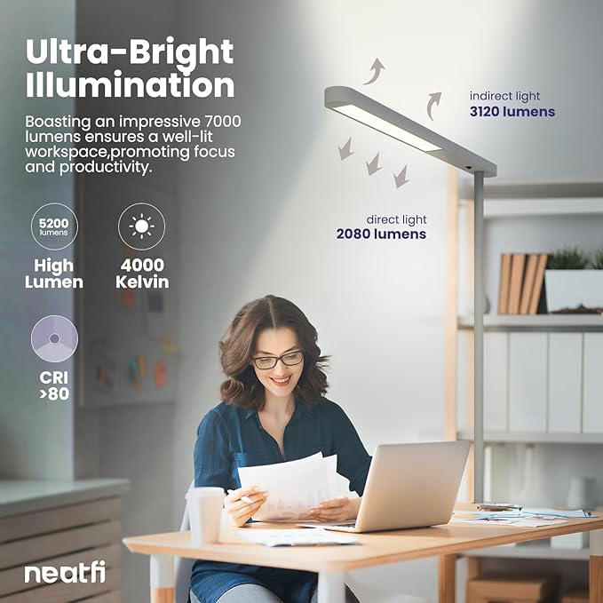 Neatfi 5200 High-Lumens Premium LED Desk Lamp - Ultrabright Light, Clamp-on, 40W, 4000K Color Temperature, Adjustable Head - Ideal for Home Office and Study (38 Inches, Gray) - LeafyLoom