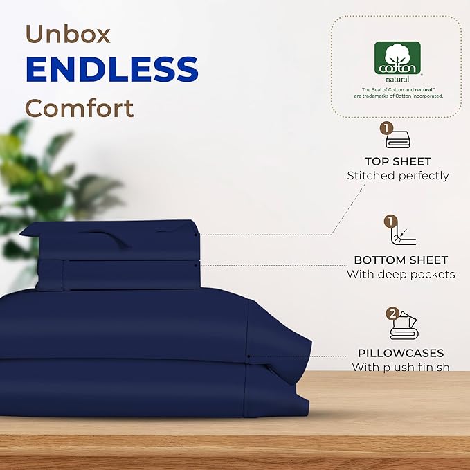 THREAD SPREAD 100% Egyptian Cotton Sheets California King Size - 600 Thread Count 4 PC Luxury Sheets Cal King Size, Soft, Cooling Hotel Luxury Sheets & Pillowcases, Fits Mattress upto 18" - Navy Blue - LeafyLoom