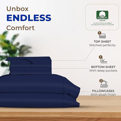 THREAD SPREAD 100% Egyptian Cotton Sheets California King Size - 600 Thread Count 4 PC Luxury Sheets Cal King Size, Soft, Cooling Hotel Luxury Sheets & Pillowcases, Fits Mattress upto 18" - Navy Blue - LeafyLoom