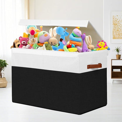 Large Toy Storage Box with Lid, Sturdy Toys Storage Chest Bin Organizer Basket with Dividers for Kids, Boys, Girls, Nursery, Closet, Bedroom, Playroom 25"x13" x16" (Black and White) - LeafyLoom