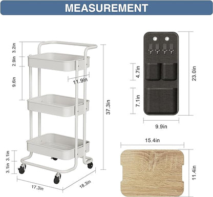 DTK 3 Tier Metal Utility Rolling Cart with Table Top and Side Bags, Metal Tray Storage Organizer Cart with Wheels, Art Craft Cart with 4 Hooks for Kitchen Bathroom Office Living Room (White) - LeafyLoom