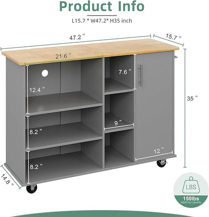 Shintenchi 47”W Kitchen Storage Island Cart with 6 Open Shelves and 1 Cabinet, Portable Trolley Cart with Wood Work Top and Handle/Towel Rack, Gray - LeafyLoom