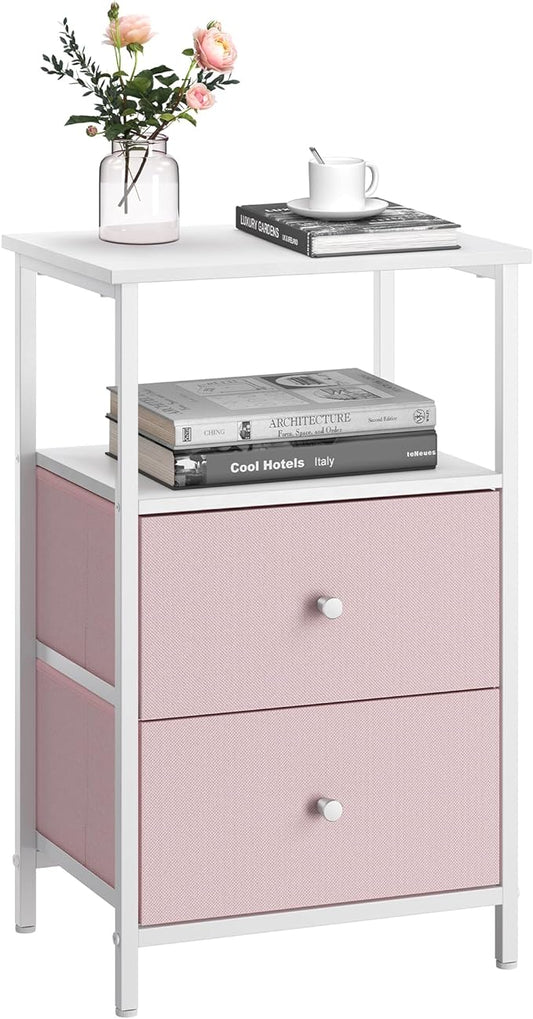 VASAGLE Nightstand, Side Table with 2 Fabric Drawers, 24-Inch Tall End Table with Storage Shelf, Bedroom, Jelly Pink and White ULGS025R05 - LeafyLoom