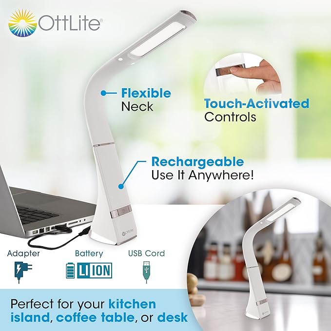 OttLite Recharge LED Desk Lamp with ClearSun LED Technology - Portable, Dimmable & Flexible Gooseneck - Travel-Friendly Task Lamp with Rechargeable Battery - for Home, Reading, Office & College Dorms - LeafyLoom