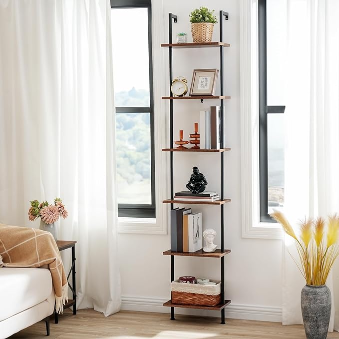 HOOBRO DIY Ladder Shelf, 6-Tier Wooden Wall Mounted Bookshelf, Narrow Bookcase, Display Shelf, Storage Rack, Plant Stand, for Living Room, Bedroom, Study, Balcony, Rustic Brown and Black BF651CJ01 - LeafyLoom