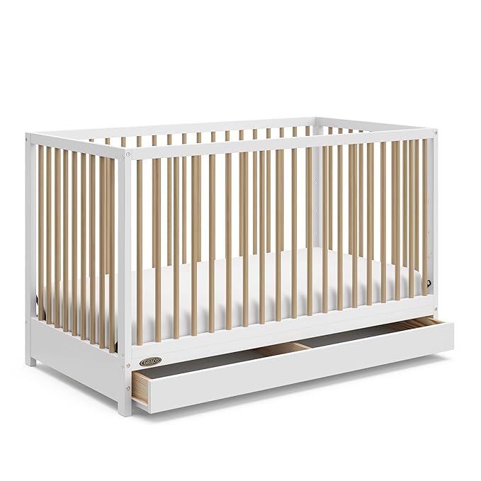 Graco Teddi 5-in-1 Convertible Crib with Drawer (White with Driftwood) – GREENGUARD Gold Certified, Crib with Drawer Combo, Full-Size Nursery Storage Drawer, Converts to Toddler Bed - LeafyLoom