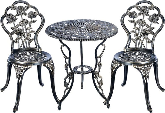 3 Piece Bistro Set,Outdoor Patio Set,Anti-Rust Cast Aluminum Bistro Table Set for Park Yard Front Porch Furniture(Antique Copper) - LeafyLoom