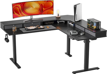 FEZIBO 63" L Shaped Standing Desk with 4 Drawers, Electric Standing Gaming Desk Adjustable Height, Corner Stand up Desk with Splice Board, Black Frame/Black Top - LeafyLoom