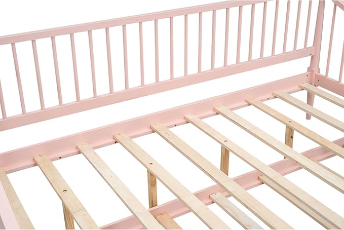 Full Size Daybed with Hideaway Trundle and Support Legs,Multi-functional Wood Bed Frame,W/Rails Three Sides,Easy to Assemble,for Bedroom,Living Room,Apartment,Pink - LeafyLoom